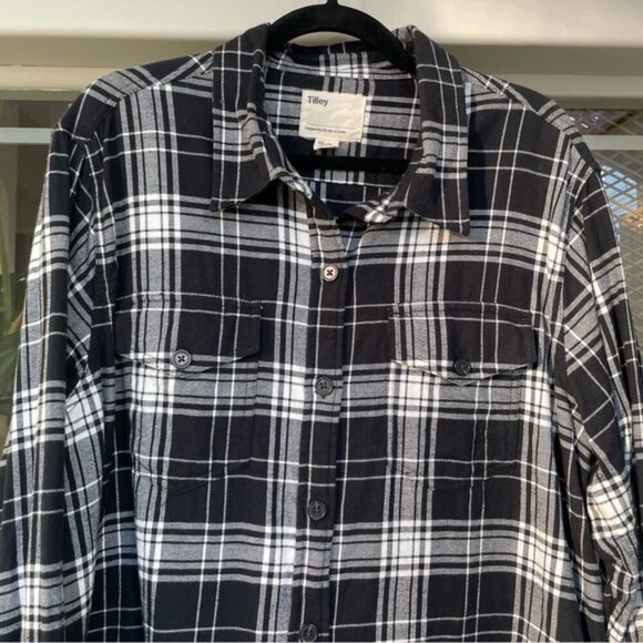 TILLEY Men's XXL Plaid Flannel Button Down Shirt Long Sleeve Black White - Picture 7 of 8